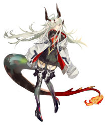Rule 34 | 1girl, absurdres, antenna hair, arknights, black footwear, black sweater, black thighhighs, blonde hair, breasts, closed mouth, coat, commentary, dragon girl, dragon horns, dragon tail, expressionless, flame-tipped tail, floating hair, full body, garter straps, green eyes, hair over mouth, high heels, highres, horns, jewelry, light in heart, long hair, looking to the side, medium breasts, multiple horns, necklace, open clothes, open coat, px2011, reed (arknights), ribbed sweater, simple background, sleeves past fingers, sleeves past wrists, solo, standing, sweater, tail, thighhighs, white background, white coat, zettai ryouiki