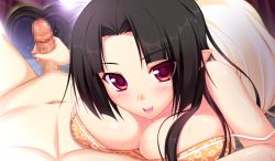 Rule 34 | 1girl, akuyome! akuma na yome ni shiborareru, ayame (akuyome), bed, black hair, blush, breast press, breasts, censored, cleavage, clothed female nude male, dress, game cg, handjob, large breasts, long hair, lying, mosaic censoring, navel, nude, on stomach, penis, pointy ears, red eyes, solo focus, super dry (super dry rr), sweat
