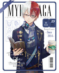 Rule 34 | 1boy, alternate eye color, artist name, text background, barcode, boku no hero academia, book, brown eyes, burn scar, character name, coffee cup, cover, cup, disposable cup, ekita kuro, english text, foreground-e, green eyes, hair ornament, hairpin, heterochromia, holding, holding book, holding cup, looking at viewer, magazine cover, male focus, multicolored hair, open book, red hair, scar, scar on face, scarf, solo, split-color hair, todoroki shouto, two-tone hair, white background, white hair