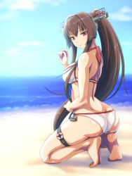 Rule 34 | 1girl, anchor, anime coloring, ass, beach, bikini, breasts, brown hair, day, hair intakes, kantai collection, kneeling, large breasts, long hair, looking at viewer, looking back, monteriakitto, ocean, outdoors, panties, ponytail, purple eyes, sidelocks, skindentation, solo, swimsuit, thigh strap, underwear, very long hair, white bikini, white panties, yamato (kancolle)