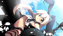 Rule 34 | 10s, 1girl, :o, armpits, black panties, blonde hair, blush, elbow gloves, gloves, green eyes, hairband, highleg, highleg panties, highres, kantai collection, long hair, looking at viewer, navel, panties, personification, shimakaze (kancolle), skirt, sleeveless, solo, striped clothes, striped thighhighs, suga hideo, thighhighs, underwear, white gloves