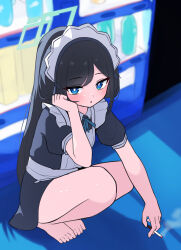 Rule 34 | 1girl, apron, aqua halo, aris (blue archive), aris (maid) (blue archive), arm support, barefoot, black dress, black hair, blue archive, blue eyes, blue ribbon, blurry, blurry background, cigarette, dress, frilled apron, frills, halo, highres, holding, holding cigarette, long hair, looking at viewer, maid, maid headdress, neck ribbon, official alternate costume, open mouth, ribbon, ringda, short sleeves, sitting, smoking, solo, white apron