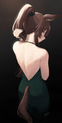 Rule 34 | 1girl, absurdres, adjusting hair, alternate costume, alternate hairstyle, animal ears, backless dress, backless outfit, bare shoulders, brown hair, dress, from behind, green dress, highres, horse ears, horse girl, horse tail, long hair, mukakin, multicolored hair, ponytail, red eyes, sirius symboli (umamusume), solo, streaked hair, tail, umamusume, white hair