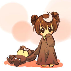 Rule 34 | 1990s (style), 1girl, barefoot, blush stickers, brown hair, chibi, child, costume, creatures (company), full body, game freak, gen 2 pokemon, hair ornament, hand to own mouth, head tilt, hitec, lingerie, moemon, nightgown, nintendo, pajamas, personification, pokemon, pokemon gsc, retro artstyle, short hair, short twintails, simple background, sleeves past wrists, solo, standing, stuffed animal, stuffed toy, teddiursa, teddy bear, twintails, underwear