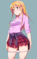 Rule 34 | 10s, 1girl, blonde hair, blush, brown eyes, clothes around waist, commentary request, cowboy shot, em (totsuzen no hakike), girls und panzer, girls und panzer ribbon no musha, long hair, looking at viewer, matsukaze rin, panties, panty pull, pink shirt, plaid, plaid skirt, pleated skirt, polka dot, polka dot panties, pulled by self, school uniform, shirt, simple background, skirt, sleeves rolled up, solo, stained panties, sweat, sweater, sweater around waist, underwear, white panties