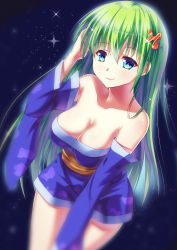 Rule 34 | 1girl, ame wa a ga tsutano?, bare shoulders, blue background, blurry, breasts, cleavage, closed mouth, collarbone, cowboy shot, depth of field, detached sleeves, dutch angle, eyebrows, green hair, hair ornament, hairclip, hand in own hair, hand on own head, highres, japanese clothes, kimono, large breasts, long hair, looking at viewer, obi, original, pink lips, sash, short kimono, smile, solo, sparkle, strapless