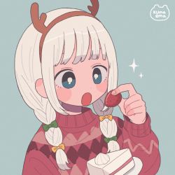 Rule 34 | 1girl, blue eyes, bow, braid, bright pupils, cake, cake slice, emma (kumaema), fake antlers, food, fruit, green bow, grey background, hair bow, headband, highres, holding, holding food, holding fruit, long sleeves, open mouth, original, plate, red sweater, signature, simple background, solo, sparkle, strawberry, sweater, twin braids, white pupils, yellow bow