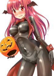 Rule 34 | 1girl, blush, bodysuit, bow, bowtie, breasts, cape, coattails, covered erect nipples, covered navel, cowboy shot, embarrassed, head wings, holding, jack-o&#039;-lantern, koakuma, long hair, looking at viewer, medium breasts, pumpkin, red bow, red bowtie, red eyes, red hair, shimouki izui, simple background, sleeveless, solo, standing, tears, touhou, wavy mouth, white background, wings, wrist cuffs