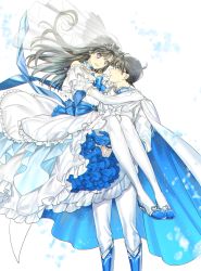 Rule 34 | 1boy, 1girl, :d, blue footwear, blue gloves, bridal veil, brown hair, carrying, couple, dress, elbow gloves, eye contact, floating hair, gloves, high heels, jacket, kudou shin&#039;ichi, long dress, long hair, looking at another, meitantei conan, mouri ran, open mouth, pants, princess carry, purple eyes, ro-a, short sleeves, simple background, smile, veil, very long hair, wedding dress, white background, white dress, white gloves, white jacket, white legwear, white pants