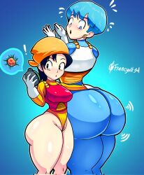 Rule 34 | 2girls, :o, age difference, ass, ball, black eyes, black hair, blue eyes, blue hair, blush, breasts, bulma, clothes, crystal ball, dragonball z, earrings, female focus, francyart34, gradient background, highres, huge ass, jewelry, looking at viewer, medium breasts, medium hair, multiple girls, open mouth, pan (dragon ball), piercing, size difference, surprised