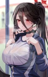 Rule 34 | 1girl, absurdres, black choker, black hair, blue archive, blue jacket, blurry, blurry background, blush, breasts, breath, choker, commentary, gym uniform, hair between eyes, halo, hasumi (blue archive), hasumi (track) (blue archive), highres, huge breasts, jacket, large breasts, long hair, long sleeves, looking at viewer, mole, mole under eye, musson, official alternate costume, parted lips, partially unzipped, ponytail, red eyes, red halo, shirt, solo, sweatdrop, sweaty clothes, track jacket, upper body, very long hair, white shirt, zipper pull tab