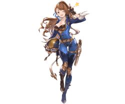 Rule 34 | 1girl, beatrix (granblue fantasy), belt, bra, breasts, brown eyes, brown hair, cleavage, detached sleeves, fingerless gloves, gloves, goggles, granblue fantasy, helmet, holding, long hair, looking at viewer, medium breasts, non-web source, one eye closed, open mouth, racing suit, salute, smile, solo, transparent background, underwear, weapon