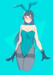 Rule 34 | 1girl, animal ears, aqua background, aqua bow, aqua bowtie, aqua leotard, black gloves, black hair, black pantyhose, bow, bowtie, breasts, choukai (kancolle), cleavage, commentary request, cowboy shot, cropped legs, detached collar, fake animal ears, glasses, gloves, hairband, headgear, highres, kantai collection, leotard, long hair, looking at viewer, pantyhose, playboy bunny, rabbit ears, rabbit tail, red eyes, rimless eyewear, simple background, solo, strapless, strapless leotard, tail, thighband pantyhose, yuuji (and)