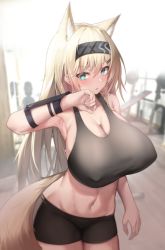 Rule 34 | 1girl, absurdres, alternate breast size, animal ears, aoinu (aoinu 99), arknights, backlighting, black hairband, black shorts, blonde hair, blue eyes, breasts, brown theme, cleavage, covered erect nipples, cowboy shot, female focus, hair between eyes, hairband, highres, horn (arknights), huge breasts, indoors, long hair, looking at viewer, midriff, parted lips, short shorts, shorts, solo, sportswear, sweat, tail, tank top, very long hair, wolf ears, wolf tail