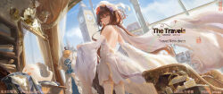 Rule 34 | 1girl, alternate costume, backless dress, backless outfit, backlighting, blush, boo tao (genshin impact), brown hair, chandelier, clock, clock tower, detached sleeves, dress, elizabeth tower, european architecture, european clothes, flower-shaped pupils, genshin impact, highres, hu tao (genshin impact), long hair, looking at viewer, mirror, parted lips, red eyes, solo, sunlight, symbol-shaped pupils, thighhighs, tower, watermark, wboss, white dress, white thighhighs, wide sleeves