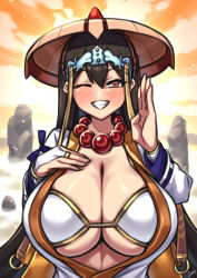 Rule 34 | absurdres, bead necklace, beads, bikini, breasts, bridal gauntlets, brown hair, cleavage, collarbone, fate/grand order, fate (series), grin, hair between eyes, highres, ichimegasa, japanese clothes, jewelry, kimono, large breasts, long hair, long sleeves, looking at viewer, necklace, nikuatsu magician shinbo, one eye closed, orange sky, prayer beads, purple eyes, sky, smile, solo, swimsuit, white bikini, white kimono, xuangzang sanzang (fate)