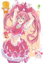 Rule 34 | 10s, 1girl, armpits, arms up, blue eyes, bow, cure melody, dory, earrings, heart, houjou hibiki, hummy (suite precure), jewelry, magical girl, midriff, miry, navel, open mouth, pink hair, precure, skirt, sory, suite precure, thighhighs, toromi chuuka, twintails