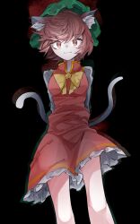 Rule 34 | 1girl, :3, animal ear fluff, animal ears, arms behind back, black background, bow, bowtie, breasts, brown eyes, brown hair, cat ears, cat tail, chen, dress, feet out of frame, frilled dress, frills, glowing, glowing eyes, green hat, hat, highres, long sleeves, looking at viewer, medium breasts, mob cap, nekomata, red vest, shirt, short dress, short hair, tail, touhou, vest, vivo (vivo sun 0222), white shirt, yellow bow