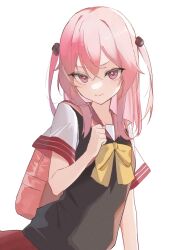 Rule 34 | 1girl, bag, black sweater vest, bow, closed mouth, double-parted bangs, highres, inui sajuna, koyori000, long hair, looking at viewer, pink eyes, pink hair, red sailor collar, sailor collar, school uniform, shirt, short sleeves, simple background, solo, sono bisque doll wa koi wo suru, sweater vest, white shirt, yellow bow