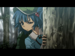 Rule 34 | 1girl, anime coloring, backpack, bag, blue eyes, blue hair, close-up, female focus, forest, hair bobbles, hair ornament, hat, highres, hyuuga azuri, kawashiro nitori, letterboxed, matching hair/eyes, nature, outdoors, peeking, peeking out, raised eyebrow, randoseru, short hair, short twintails, solo, squinting, touhou, tree, twintails, two side up, uneven eyes, wallpaper