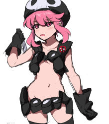 Rule 34 | 1girl, 2020, absurdres, arm at side, beanie, belt, black gloves, black hat, black thighhighs, blush, collarbone, commentary request, dated, female focus, gloves, groin, hair between eyes, hat, highres, holding, holding weapon, jakuzure nonon, kill la kill, knife, matching hair/eyes, midriff, navel, nudist beach uniform, open mouth, oversized clothes, pink eyes, pink hair, sidelocks, skull print, solo, takatisakana, thighhighs, tsurime, weapon