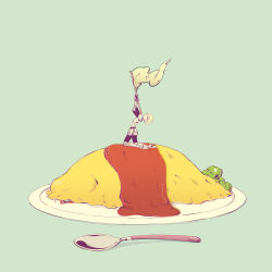Rule 34 | androgynous, armor, broccoli, chisuke, flag, food, gender request, green background, holding, holding flag, in food, ketchup, omelet, omurice, original, plate, shadow, simple background, solo, spoon, white flag, wide shot