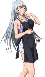 Rule 34 | 00s, 1girl, apron, chouun shiryuu, closed eyes, highres, ikkitousen, long hair, official art, simple background, smile, solo, standing, white background, white hair