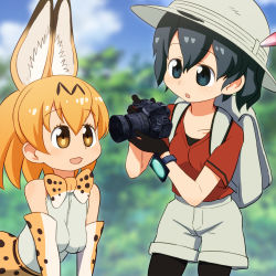 Rule 34 | 10s, 2girls, :d, animal ears, backpack, bag, bare shoulders, black eyes, black hair, black legwear, blonde hair, blurry, blurry background, bow, bowtie, brown eyes, bucket hat, camera, commentary request, day, elbow gloves, extra ears, gloves, hat, hat feather, highres, holding, holding camera, kaban (kemono friends), kemono friends, looking at another, multiple girls, open mouth, outdoors, pantyhose, pantyhose under shorts, red shirt, sat-c, serval (kemono friends), serval print, shirt, short hair, shorts, sleeveless, sleeveless shirt, smile