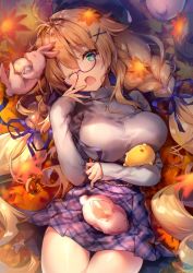Rule 34 | 1girl, ahoge, alternate costume, azur lane, bespectacled, blonde hair, braid, breasts, rabbit, glasses, green eyes, hair ornament, hairclip, large breasts, le temeraire (azur lane), leaf, long braid, long hair, looking at viewer, maple leaf, one eye closed, open mouth, riichu, solo, twin braids, yawning