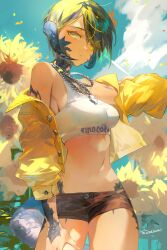 Rule 34 | 1girl, absurdres, artist name, au ra, bare shoulders, black hair, black shorts, blonde hair, blue sky, chain, chain necklace, cloud, cowboy shot, cropped jacket, curled horns, day, dragon girl, dragon horns, dragon tail, expressionless, final fantasy, final fantasy xiv, flower, hair flower, hair ornament, highres, horns, jacket, jacket partially removed, jewelry, looking at viewer, midriff, multicolored hair, navel, necklace, open clothes, open jacket, outdoors, parted lips, pendant, scales, shikina (mochigushi ), short hair, short shorts, shorts, signature, sky, solo, sports bra, standing, sunflower, swept bangs, tail, two-tone hair, warrior of light (ff14), white sports bra, yellow eyes, yellow flower, yellow jacket