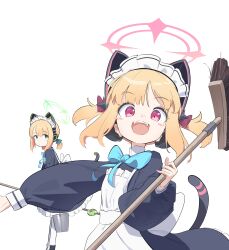 Rule 34 | 2girls, absurdres, animal ear headphones, animal ears, apron, black dress, blonde hair, blue archive, bow, bucket, cat tail, domado, dress, fake animal ears, green bow, green eyes, hair bow, headphones, highres, holding, holding mop, long sleeves, maid, maid apron, maid headdress, midori (blue archive), midori (maid) (blue archive), momoi (blue archive), momoi (maid) (blue archive), mop, multiple girls, official alternate costume, pink bow, puffy long sleeves, puffy sleeves, red bow, red eyes, short hair, simple background, tail, white apron, white background