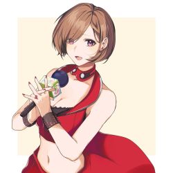 Rule 34 | 1girl, beige background, black bra, bra, breasts, brown hair, cleavage, collar, commentary, crop top, english commentary, framed image, furrowed brow, highres, holding, holding microphone, interlocked fingers, looking at viewer, medium breasts, meiko (vocaloid), meiko (vocaloid3), microphone, midriff, nail polish, navel, news 39 (vocaloid), open mouth, red eyes, red nails, red shirt, red skirt, shirt, short hair, skirt, solo, stomach, underwear, upper body, vocaloid, wristband, yen-mi