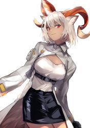 Rule 34 | 1girl, animal ears, arknights, black gloves, black skirt, carnelian (arknights), coat, collared coat, commentary, cowboy shot, dark-skinned female, dark skin, gloves, goat ears, goat horns, highres, horns, kamatpit, long sleeves, looking at viewer, open clothes, open coat, parted lips, red eyes, shirt, short hair, simple background, skirt, smile, solo, white background, white coat, white hair, white shirt