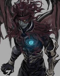Rule 34 | 1boy, armor, chaos (ff7), chest jewel, clawed gauntlets, claws, demon, demon wings, final fantasy, final fantasy vii, glowing, glowing eyes, grey background, looking ahead, materia, pale skin, rapio, scar, scar on face, torn clothes, vincent valentine, wings, yellow eyes