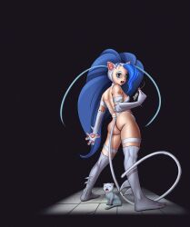 Rule 34 | 1girl, absurdres, animal ears, ass, black background, blue eyes, blue sky, breasts, cat ears, cat girl, cat tail, claws, elementary, fangs, felicia (vampire), female focus, from behind, gluteal fold, highres, legs apart, long hair, looking at viewer, looking back, open mouth, revealing clothes, sideboob, simple background, sky, small breasts, smile, solo, standing, tail, thighs, vampire (game), very long hair