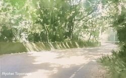 Rule 34 | absurdres, day, forest, highres, highway, nature, no humans, original, painting (medium), plant, road, scenery, shadow, sunlight, toyonaga ryouhei, traditional media, watercolor (medium)