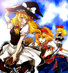 Rule 34 | 2girls, alice margatroid, blonde hair, book, broom, broom riding, cloud, dada, dada (dolce), day, female focus, hat, kirisame marisa, lens flare, multiple girls, shanghai doll, sky, touhou, witch, witch hat