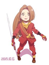 Rule 34 | 1girl, brown eyes, brown hair, female focus, fujibayashi suzu, gloves, highres, japanese clothes, long hair, open mouth, pants, ponytail, ribbon, scarf, shoes, solo, sword, tales of (series), tales of phantasia, weapon