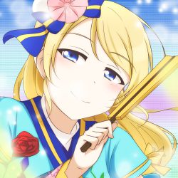 Rule 34 | 10s, 1girl, ayase eli, blonde hair, blue eyes, blush, close-up, feitonokesin, flower, folding fan, hand fan, highres, japanese clothes, kimono, long hair, looking at viewer, love live!, love live! school idol festival, love live! school idol project, rose, smile, solo, upper body