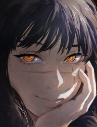 Rule 34 | 1girl, absurdres, black hair, chainsaw man, close-up, cross scar, facial scar, hand on own face, head only, highres, icebuko, looking at viewer, ringed eyes, scar, scar on cheek, scar on face, scar on nose, smile, solo, yellow eyes, yoru (chainsaw man)