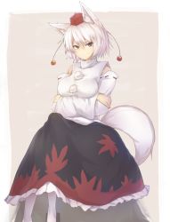 Rule 34 | 1girl, animal ears, breasts, brown eyes, closed mouth, crossed arms, detached sleeves, hat, highres, inubashiri momiji, large breasts, long skirt, looking at viewer, red hat, short hair, skirt, smile, socks, solo, tail, thick eyebrows, tokin hat, touhou, white hair, white socks, wolf ears, wolf tail, yonaga san