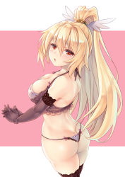 Rule 34 | 1girl, ass, bare shoulders, black gloves, black thighhighs, blonde hair, blush, bra, breasts, brown eyes, butt crack, chestnut mouth, cleavage, elbow gloves, gloves, high ponytail, large breasts, long hair, looking at viewer, makirin, nanaly (sennen sensou aigis), own hands together, panties, sennen sensou aigis, simple background, solo, standing, thighhighs, underwear, very long hair
