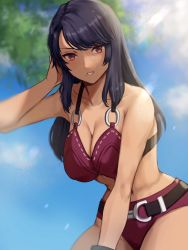 Rule 34 | 1girl, bikini, black hair, breasts, cleavage, dark skin, gloves, highres, long hair, looking at viewer, mole, mole under mouth, sharla (xenoblade), simple background, swimsuit, xenoblade chronicles (series), xenoblade chronicles 1, yamamori kinako