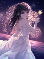 Rule 34 | 1girl, absurdres, bare arms, bare shoulders, black hair, blush, dress, fireworks, from side, hair between eyes, highres, holding, holding fireworks, holding sparkler, huge filesize, long hair, looking at viewer, myowa, night, night sky, original, outdoors, parted lips, purple eyes, ribbon, sky, solo, sparkler, sundress, tears, water, white dress, white ribbon