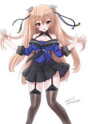 Rule 34 | 1girl, black sailor collar, black skirt, black thighhighs, blue shirt, breasts, brown eyes, feet out of frame, garter straps, johnston (kancolle), kantai collection, kitagawa mikio, light brown hair, long hair, medium breasts, off shoulder, one-hour drawing challenge, pleated skirt, sailor collar, school uniform, serafuku, shirt, simple background, skirt, solo, thighhighs, two side up, white background