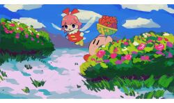 Rule 34 | bad id, bad pixiv id, basket, blue eyes, carrying, cloud, dress, fairy, flower, food, fruit, kirby, kirby (series), kirby 64, nintendo, open mouth, outdoors, pink hair, smile, soumenhiyamugi, strawberry