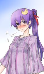 Rule 34 | 1girl, airis, alternate hairstyle, blouse, blush, breasts, crescent, crescent hair ornament, hair ornament, hair ribbon, night clothes, patchouli knowledge, ponytail, purple eyes, purple hair, purple shirt, red ribbon, ribbon, shirt, solo, sweat, touhou