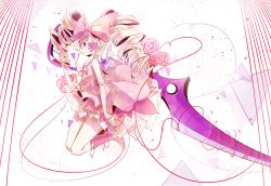 Rule 34 | 10s, 1girl, blonde hair, blue eyes, boots, bow, dress, drill hair, earrings, eyepatch, flower, hair bow, harime nui, jewelry, kill la kill, kyer, life fiber, long hair, pink bow, pink footwear, rose, scissor blade (kill la kill), smile, solo, spoilers, strapless, strapless dress, string, string of fate, twin drills, twintails, weapon
