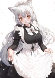 Rule 34 | 1girl, animal ear fluff, apron, bae.c, black dress, blush, bow, bowtie, breasts, brown eyes, dress, frilled apron, frills, highres, juliet sleeves, large breasts, long hair, long sleeves, looking at viewer, maid, maid headdress, nail polish, original, parted lips, pinafore dress, puffy sleeves, silver hair, skirt hold, sleeveless dress, solo, very long hair, white apron, white background, white bow, white bowtie, yellow nails