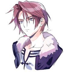 Rule 34 | 1boy, black jacket, blue eyes, brown hair, dated, earrings, final fantasy, final fantasy viii, fur trim, jacket, jewelry, looking to the side, male focus, medu (rubish), parted bangs, portrait, scar, scar on face, shirt, short hair, single earring, solo, squall leonhart, white background, white shirt